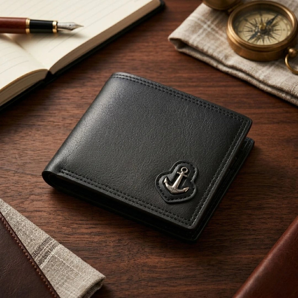 Anchor Emblem Bifold Leather Wallet with Box - Black,Brown and Blue.